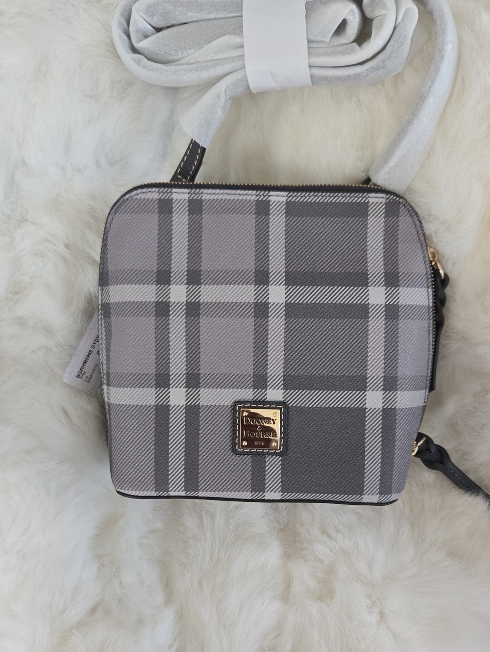Dooney & Bourke Gray Plaid Crossbody with Gold Logo Plate
